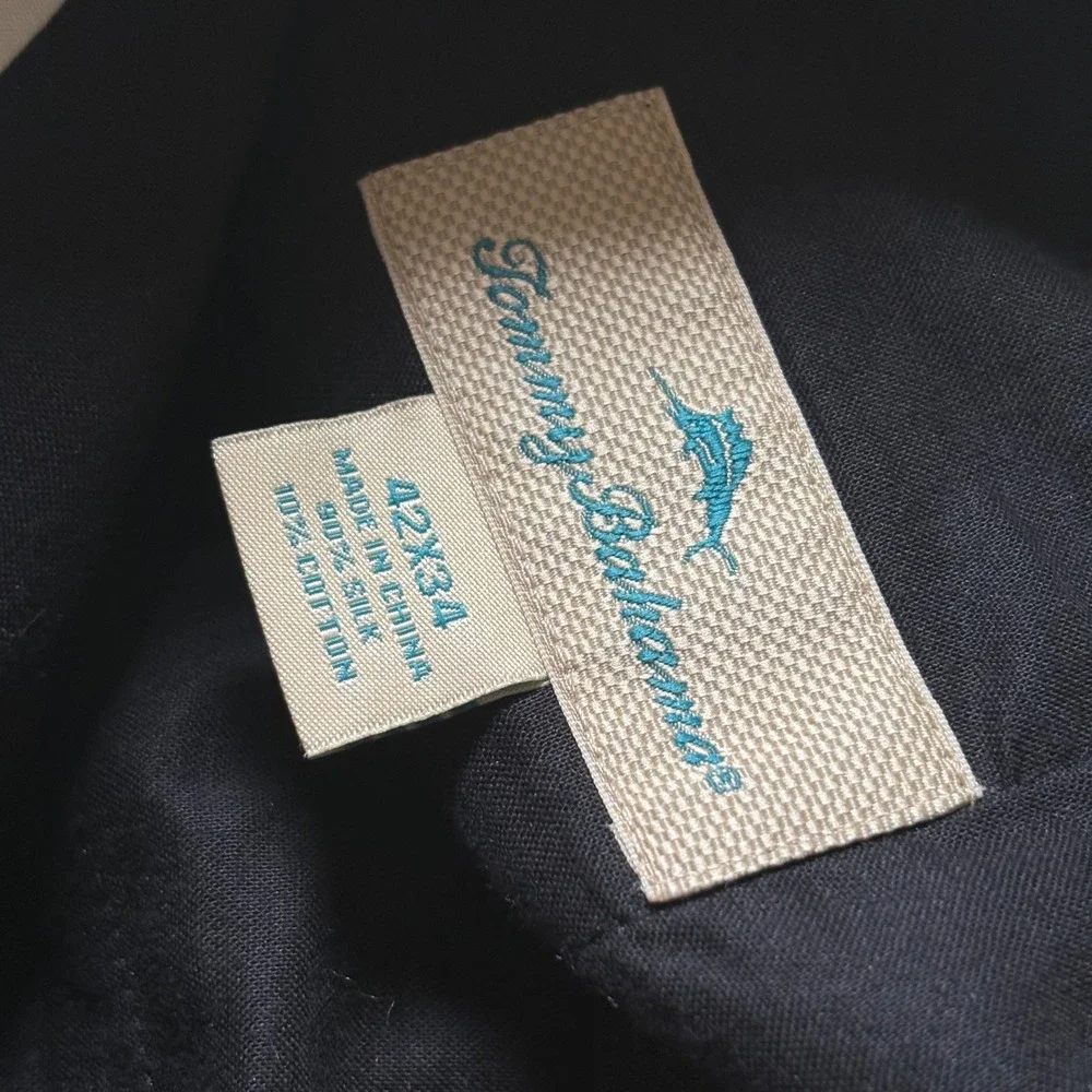Tommy Bahama Pleated Pants Mens Black Silk Cotton Herringbone 42x34